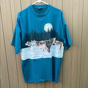 VINTAGE Wolf Gang Pack Men's Shirt XL Blue Single Stitch 90's Made in USA Cotton